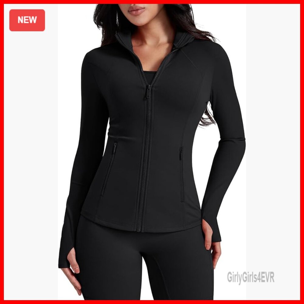 Lightweight Zip Up Jacket With Thumb Holes Slim Fit Workout Top Pockets